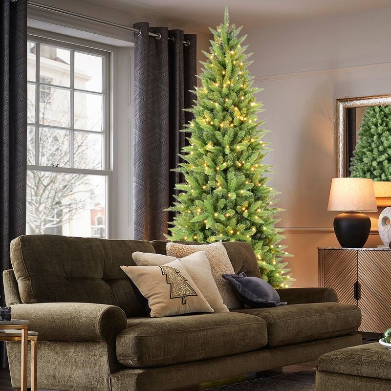 Pre-Lit Slim Artificial Pencil Tree - Warm White LED Lights, PE/PVC Tips, Hinged Design, Metal Stand - Green