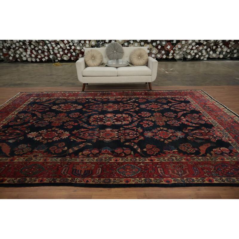 Hand Knotted Oriental 100% Wool Carpet Traditional Floral Navy Blue & Blues Sultanabad Area Rug - 12' 6'' X 9' 3''