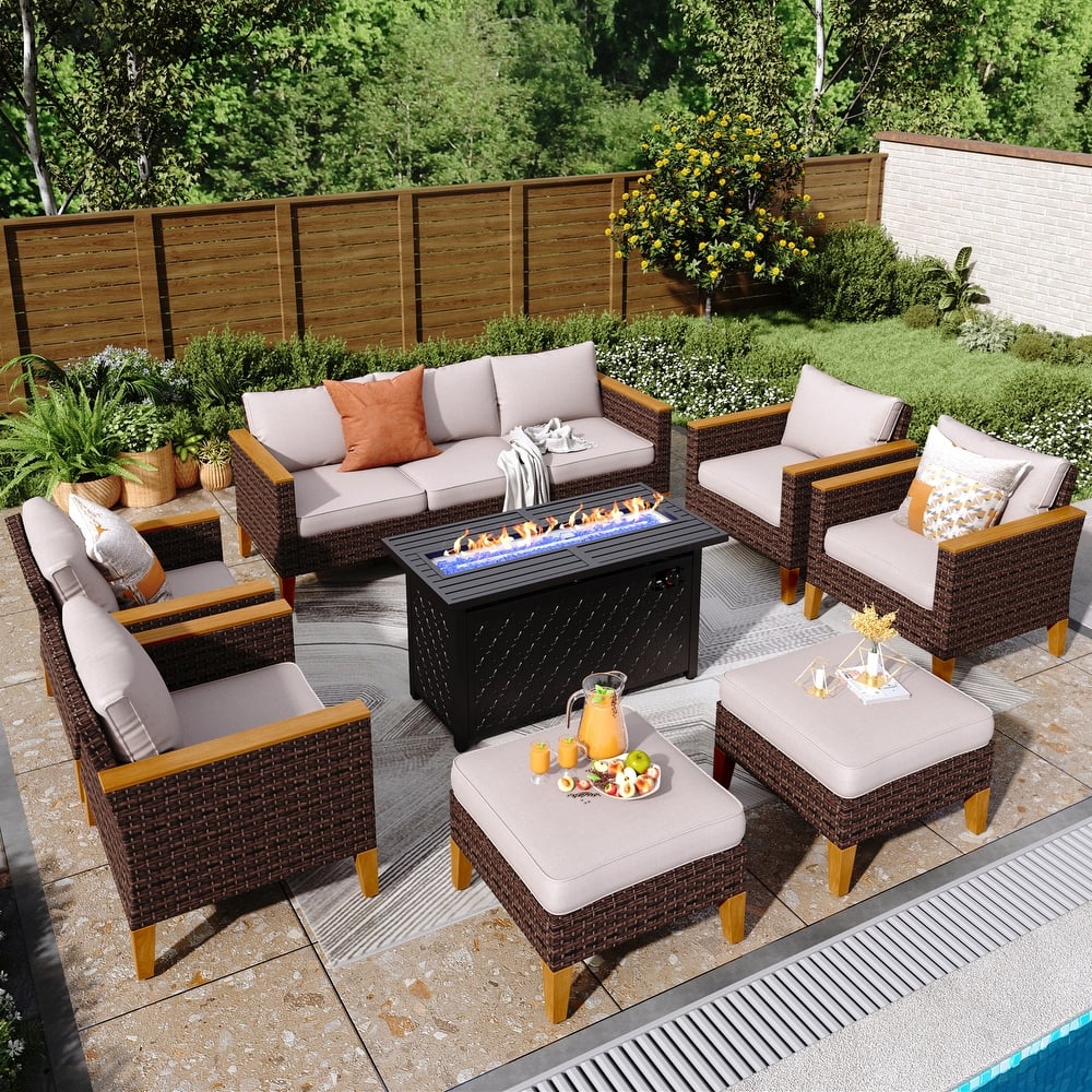 8-Piece Patio Outdoor Wicker Sectional Sofa Set, Large Seating Furniture Conversation Sets with Fire Pit Table