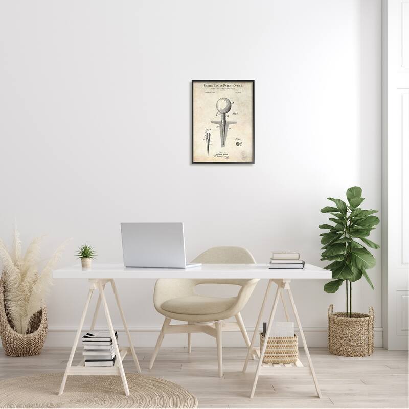 Stupell Golf Ball Tee Patent Blueprint Diagram Outline Framed Wall Art - Beige