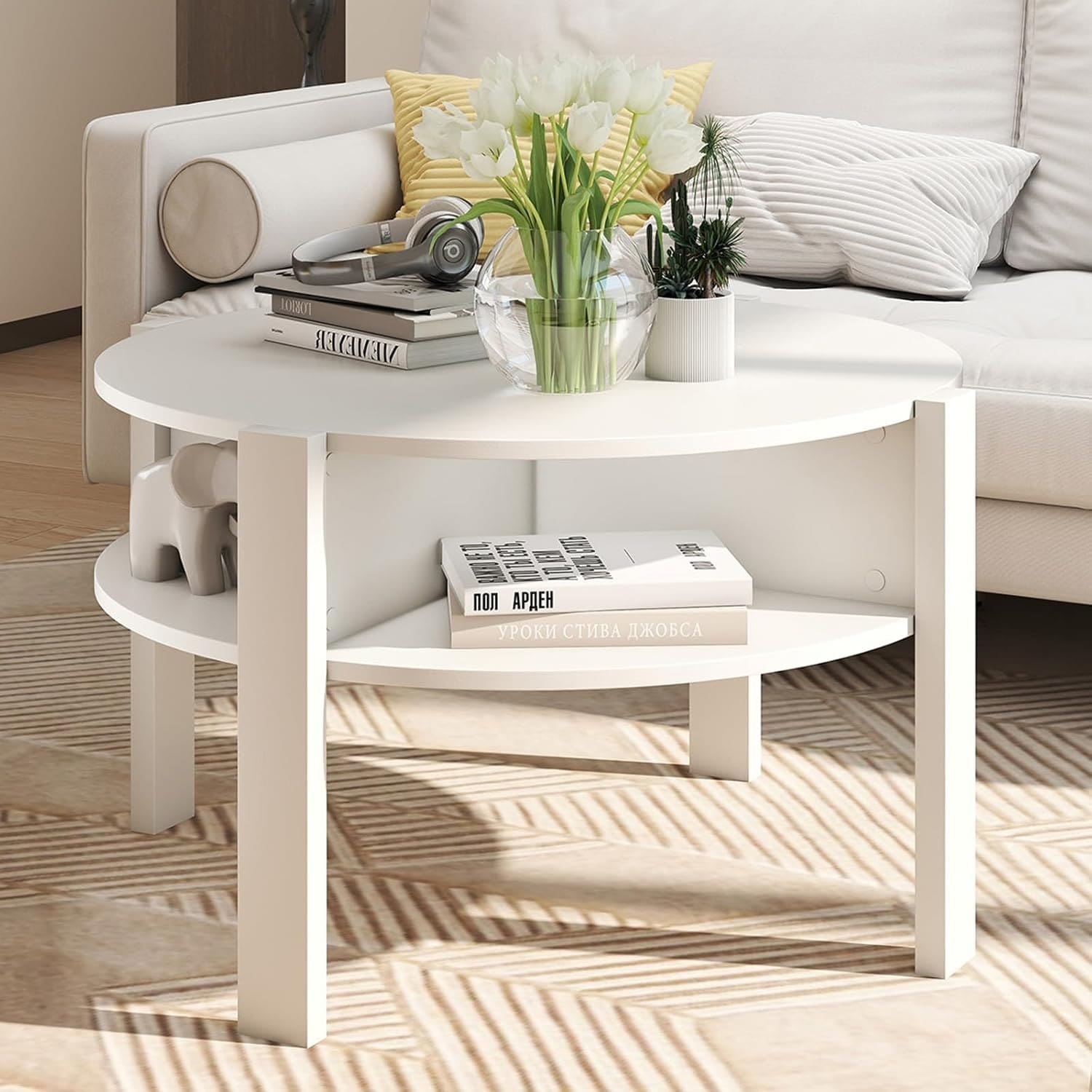 Round Coffee Table, 2-Tier Mid-Century Design with Storage Shelves & Side Compartments for Living Room (White)