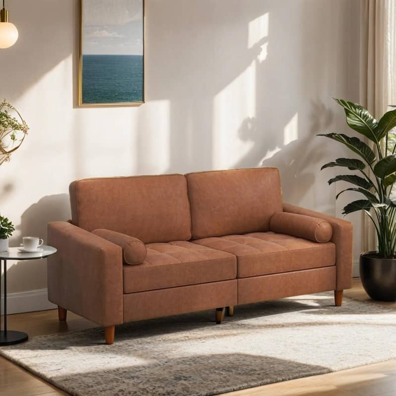 Mid-Century Leather Couch with Hand-Stitched Comfort Cushion and Bolster Pillows - Brown