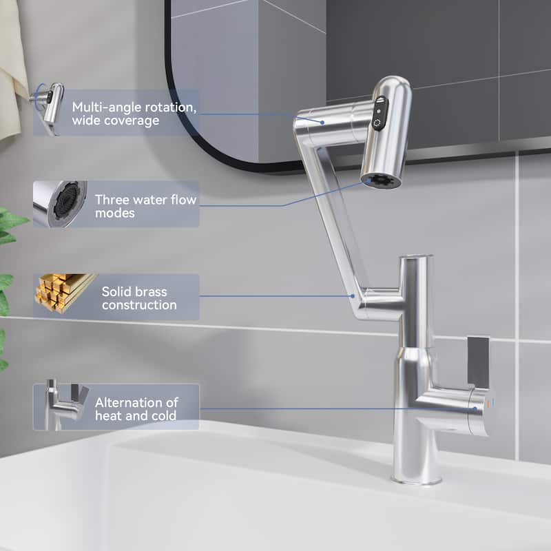 Anmytek Bathroom Sink Faucet - Temperature Display - Spray Function -, 360° Rotary Spout, Anti-Skid Hot and Cold Switch