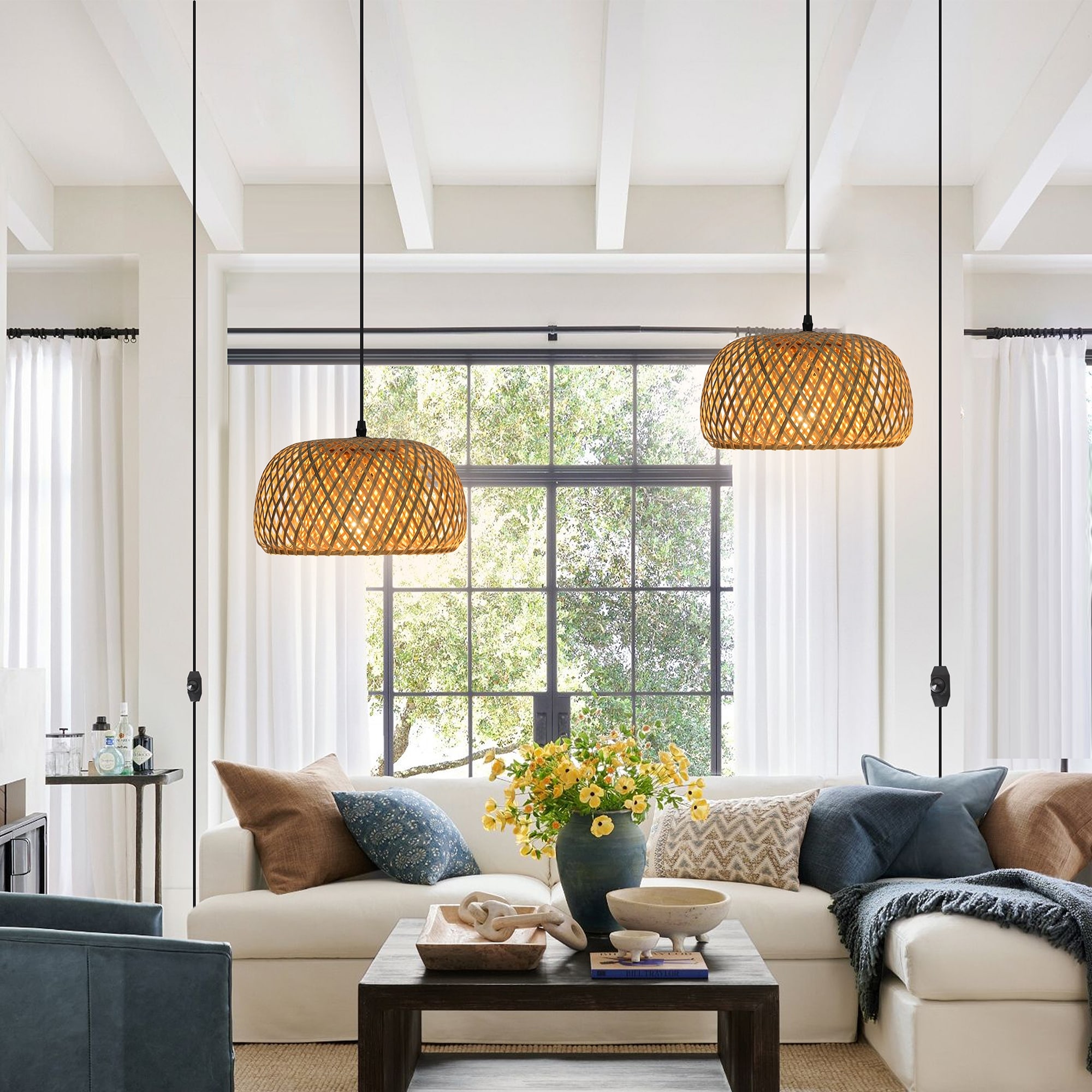 1-Light Hanging Lights with Plug in Cord Rattan Pendant Light