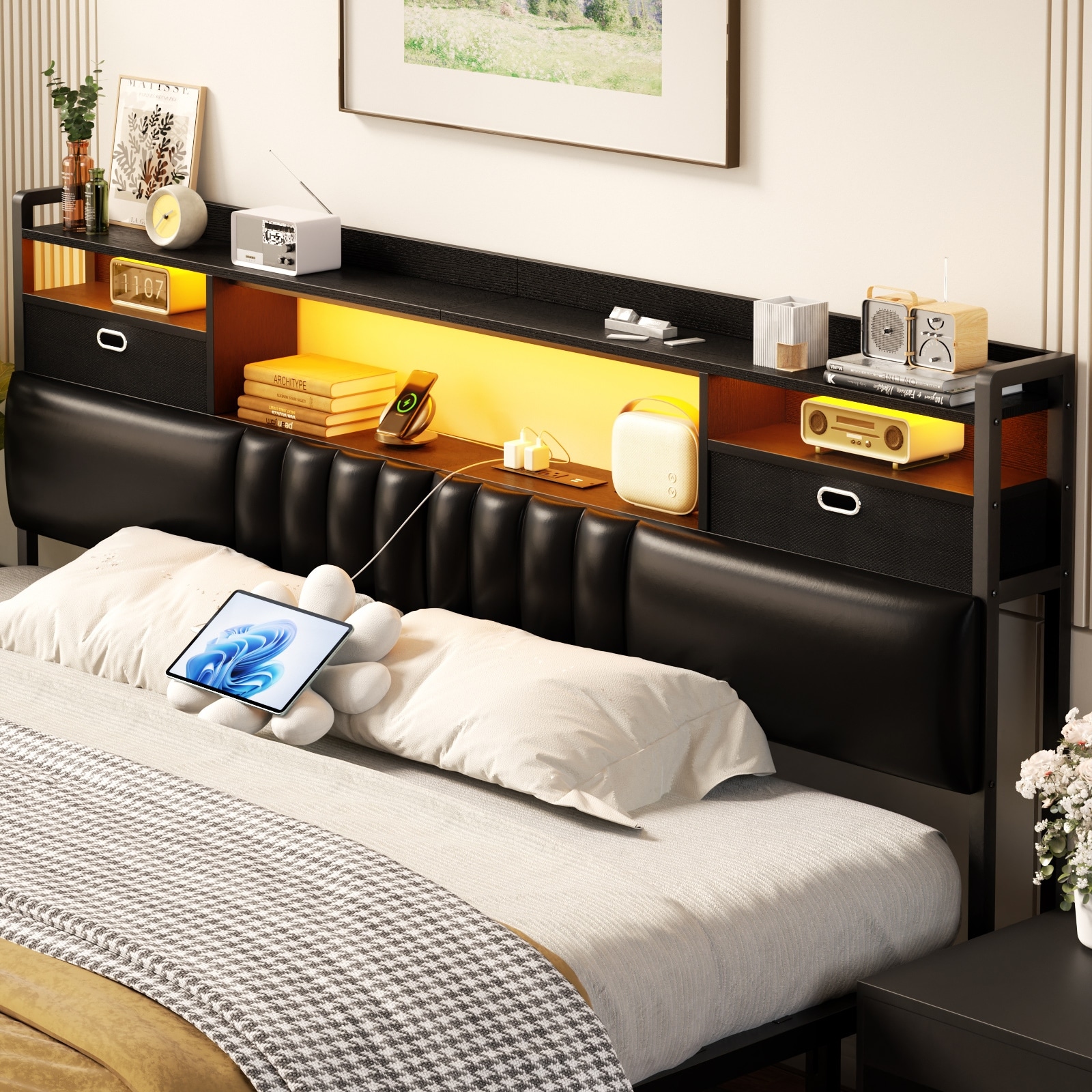 Upholstered Headboard with Drawer Storage and RGB LED Light, Sturdy Headboard with Charging Station ＆ Bookcase