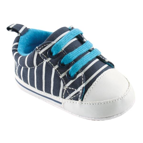 slide 1 of 1, Luvable Friends Baby Boy Crib Shoes, Navy With White Stripes 0-6 Months - Navy With White Stripes