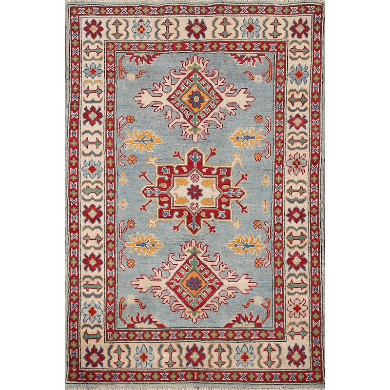 Light Blue Geometric Kazak Oriental Accent Rug Handmade Wool Carpet - 3'3"x 5'1"