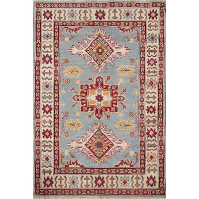 Light Blue Geometric Kazak Oriental Accent Rug Handmade Wool Carpet - 3'3"x 5'1"