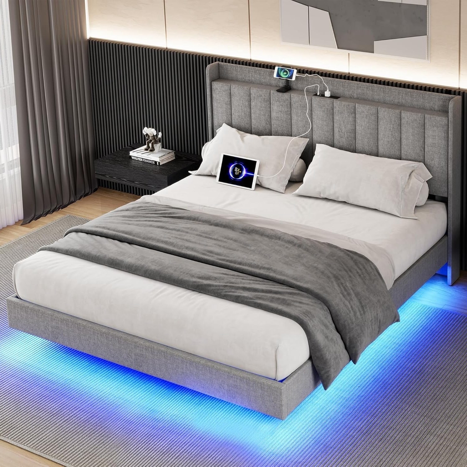 Floating Bed Frame with LED Lights, Charging Station & Storage Headboard