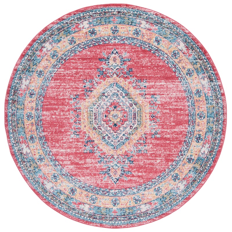 SAFAVIEH Madison Toni Oriental Medallion Rug - 6'7" Round - Orange/Light Blue