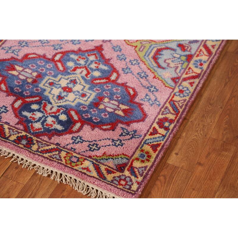 Pink Geometric Heriz Serapi Indian Runner Rug Handmade Wool Carpet - 2'8" x 9'9"