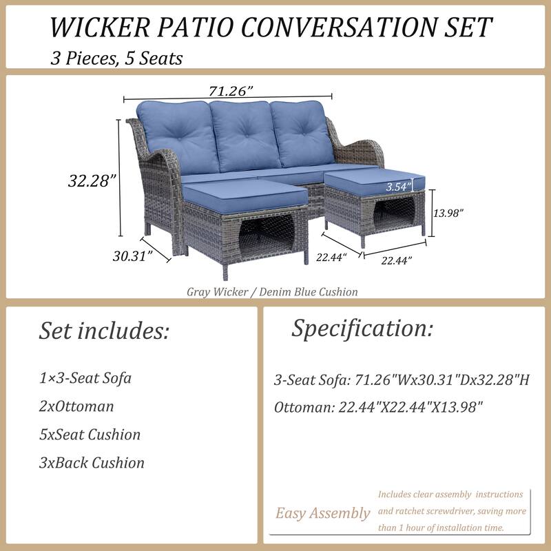 3 Piece Wicker Outdoor Couch Patio Sofa with Storage Ottomans Set