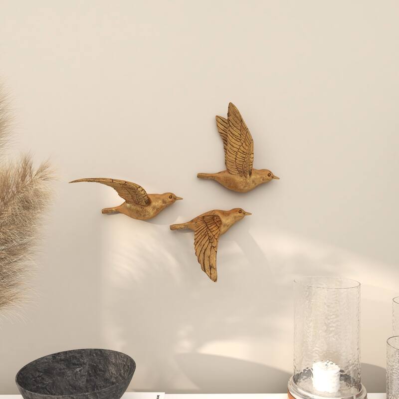 Polystone Weathered 3D Floating Bird Wall Decor (Set of 3) - Dark Brown, Gold, Silver
