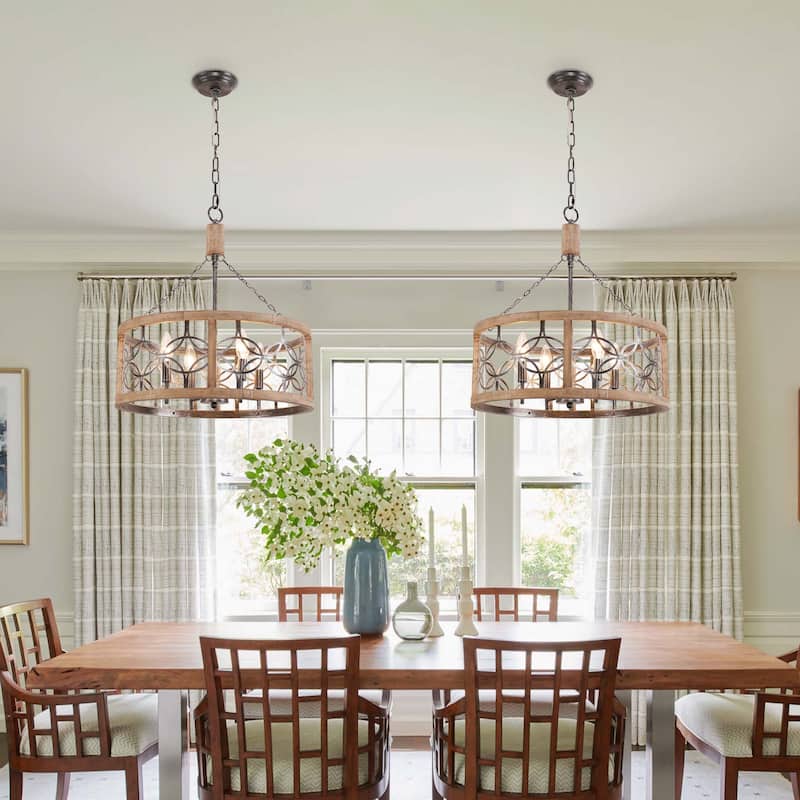 Oaks Aura Rustic Farmhouse 4-Light Wood Ceiling Light Drum Shabby Chic Wood Chandelier