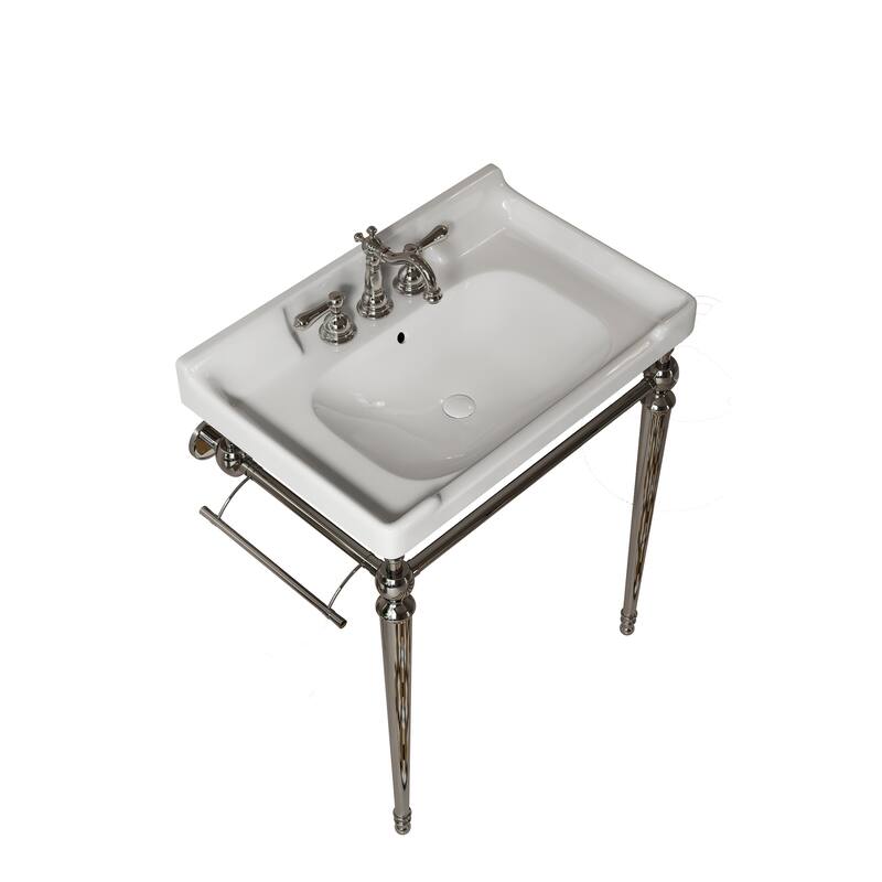 28" Bathroom Console Sink, Wall-Mounted Ceramic Vanity Basin with 3 Pre-drilled Faucet Holes with Towel Bar