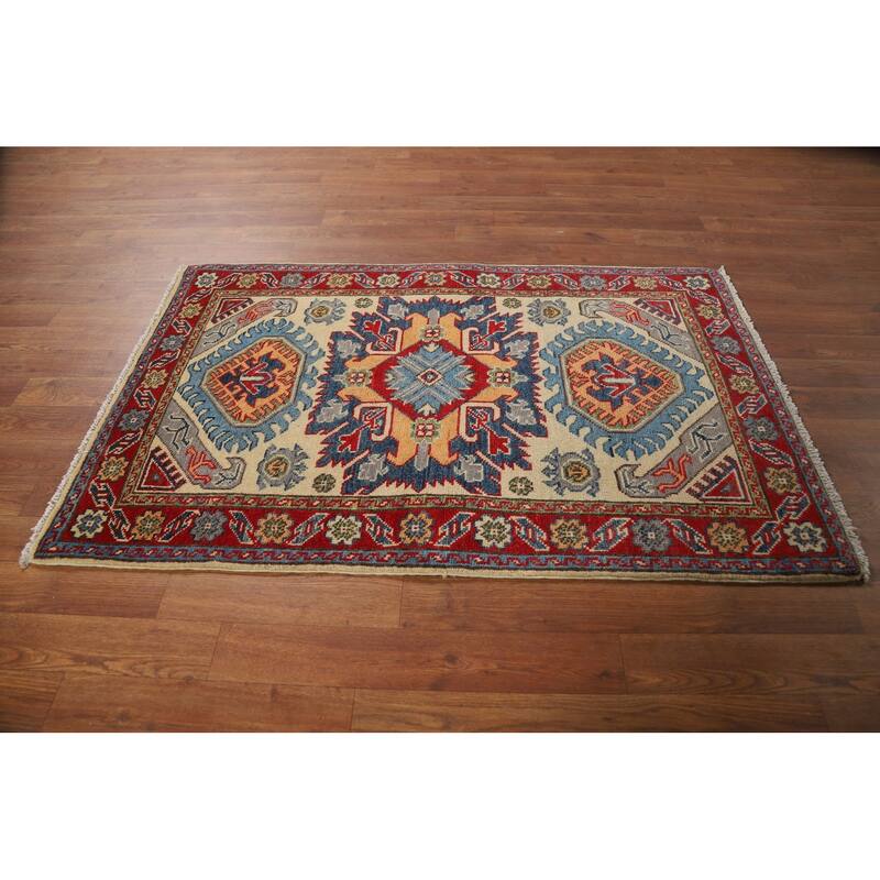 Geometric Kazak Foyer Rug Handmade Beige Wool Carpet - 2'8"x 4'1"