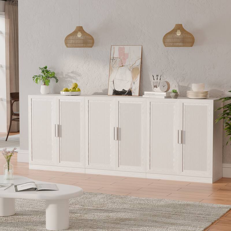 3-Set Rattan Door Sideboard Buffet Storage Cabinets with Adjustable Shelves - 93"Lx36"H - White