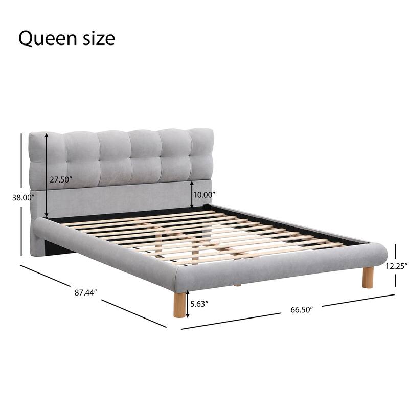 Grey Platform Bed Frame with Cookieshaped Headboard Upholstered Wingback Bed, Low-Profile Grounded Bed with Round Wood Legs