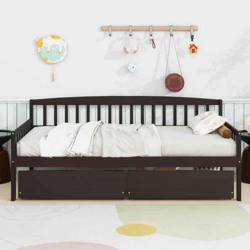 Kids Daybed Wood Sofa Bed with Pull-out Storage Drawers Twin Size Platform Storage Bed with Headboard Footboard Guardrails