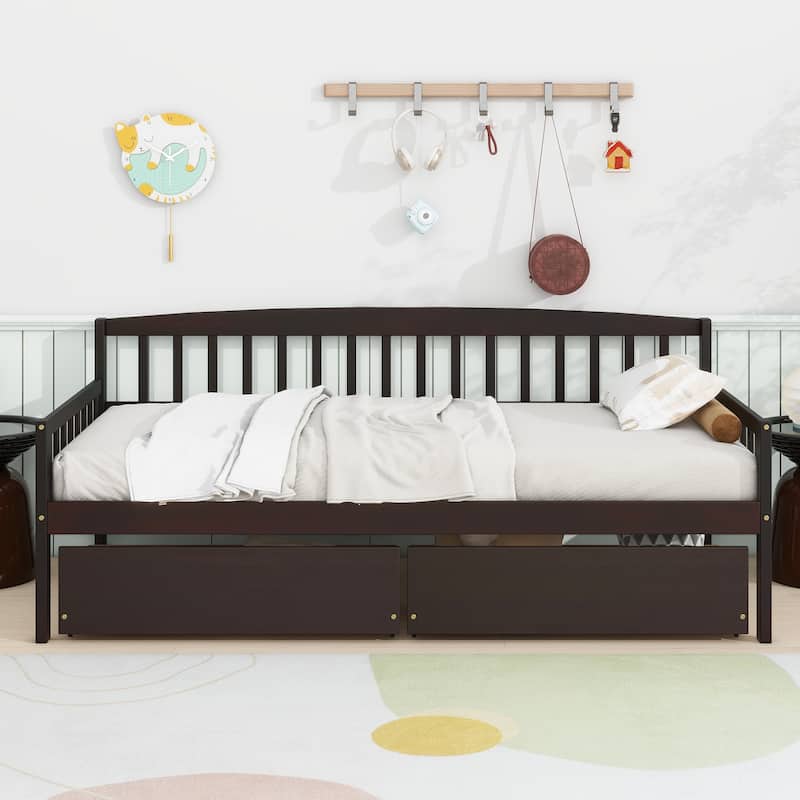 Twin-size Pine Wood Daybed with two Storage Drawers, Sofa Bed with Bed Platform of 10 Support Slats