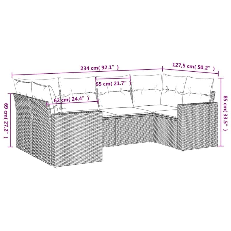 vidaXL Patio Sofa Set with Cushions Outdoor Furniture 6 Piece Poly Rattan - 24.4 x 25.8 x 27.2