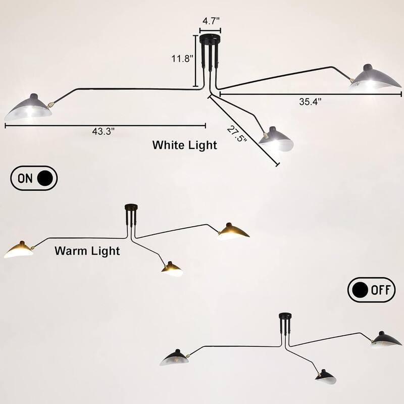 Mid-Century Chandelier, Matt Black Finish with Adjustable 3-Arms Large Pendant Lighting Fixture