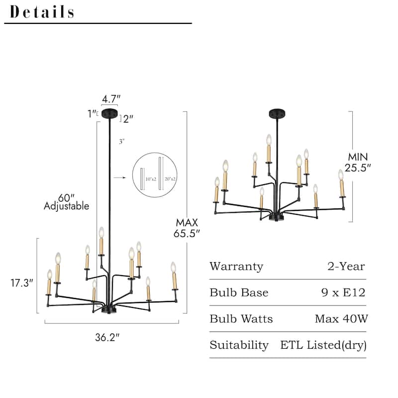 Modern Tradition 9-Light Chandeliers Black Gold Chandeliers Light Fixtures for Dining Room - 36.2 " × 17.3 "