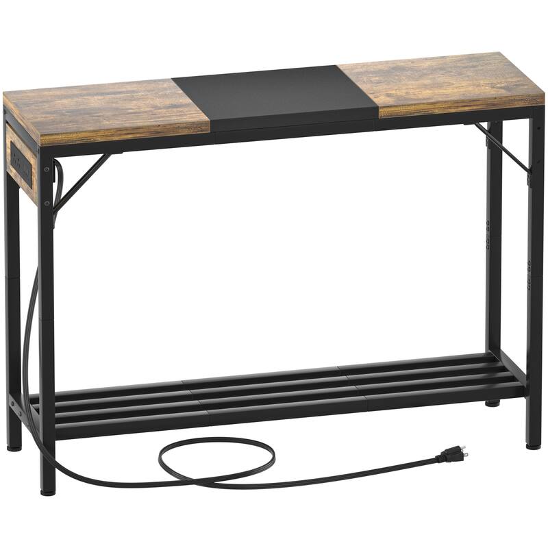 Console Table with Charge Station, Sofa Table with Storage Shelves for Living Room - Rustic Brown