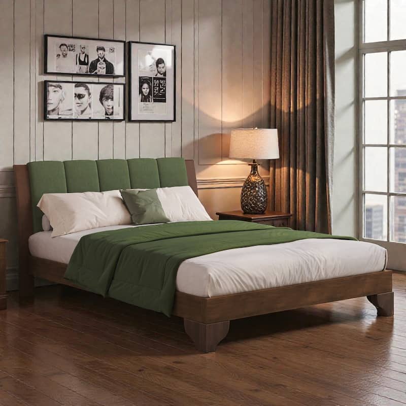 Premium Pine Wood Queen/King Bed Frame with Headboard, Mid Century Modern Platform Bed, Sturdy MDF Construction