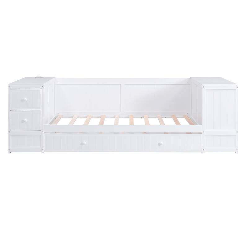 Twin Size Daybed with Storage, Trundle, and Charging Station in White