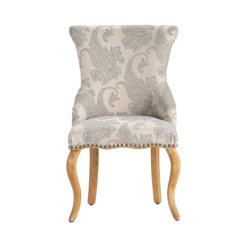 Gray and Cream Upholstered Accent Side Chair with Brown Solid Wood Frame