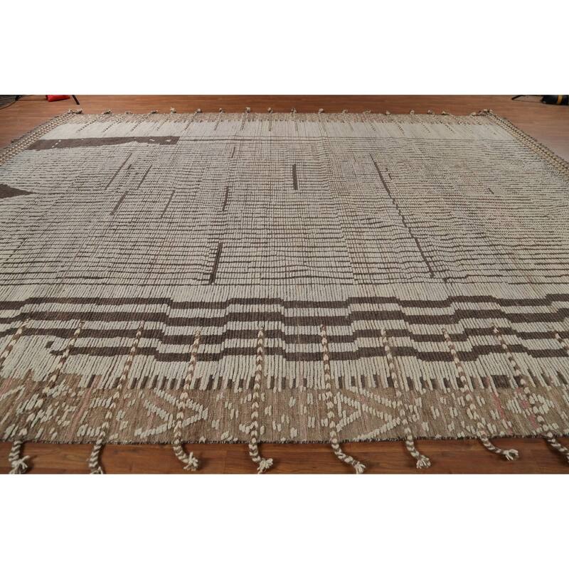 Striped Moroccan Oriental Large Area Rug Hand-Knotted Wool Carpet - 12'0"x 15'8"