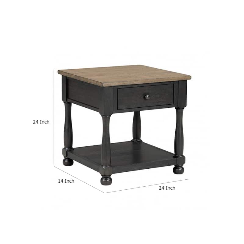 Ginie Chairside End Table, 1 Drawer, Black Brown Solid Wood, 24 Inch