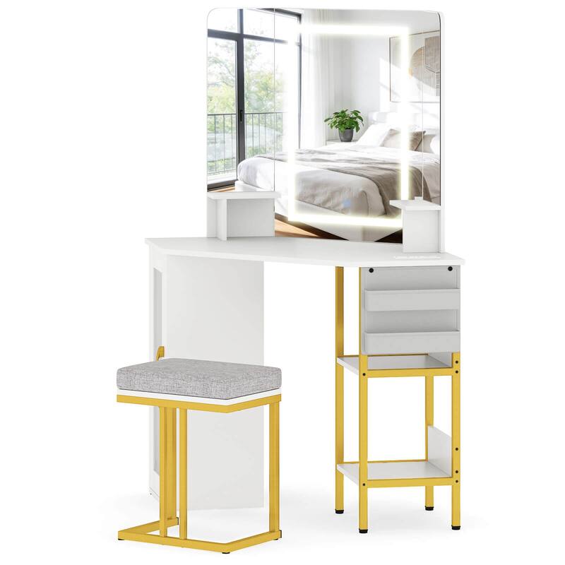 Costway Corner Vanity Desk with Mirror Lights Triple Mirror 3 Lighting - See Details