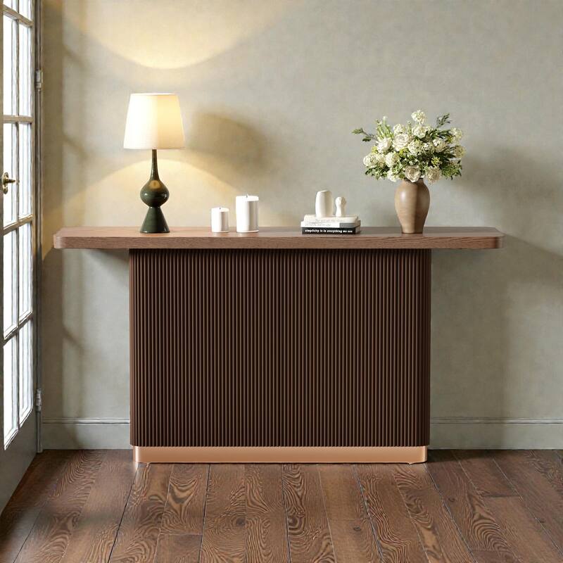 Modern Console Table with Ash Veneer Top & Fluted Base, Metal Accent Entryway Table for Hallway & Living Room