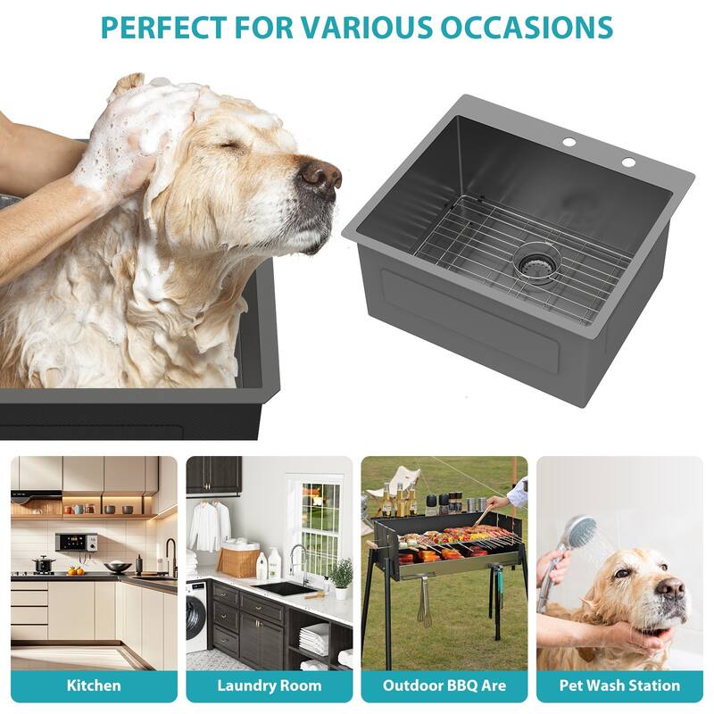 25" Drop-In 16 Gauge Single Bowl Stainless Steel Kitchen Sink in Gunmetal Black - 25'' x 22'' x 12''