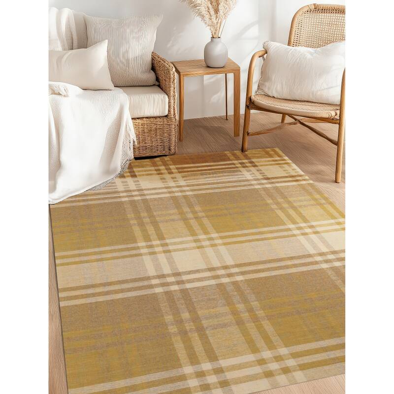 Home Decor EORC Handmade Wool Plaid Rug Stylish Yellow Area Rug for Living Room, Bedroom, Office, & Home Décor Durable & Trend