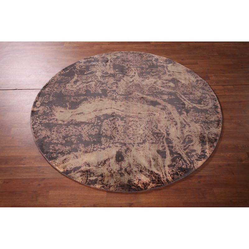 Contemporary Brown Abstract Round Rug Handmade Wool Carpet - 5'2" X 5'0"