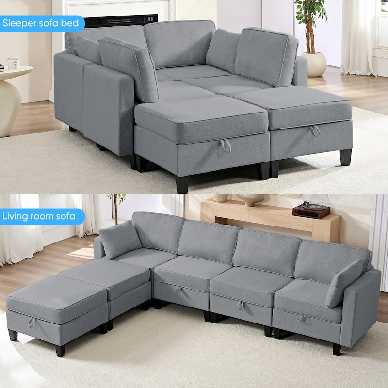 Mixoy Flexible Combination Reversible 4-Seater Modular Sofa with Ottomans,Linen Convertible Sleeper Sofa Bed with Storage Space