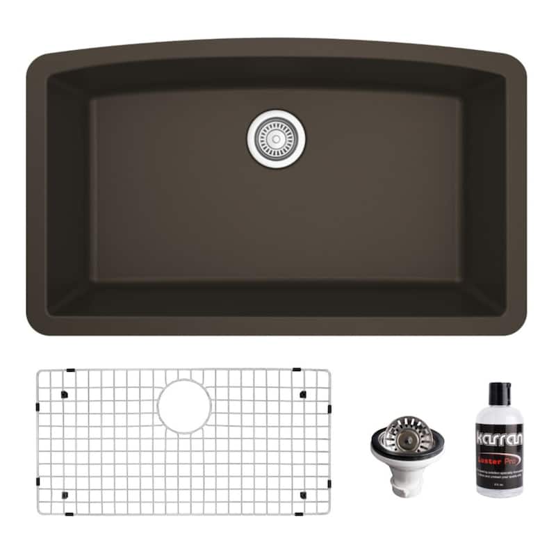 Karran Undermount Quartz 32 in. Single Bowl Kitchen Sink Kit - Brown