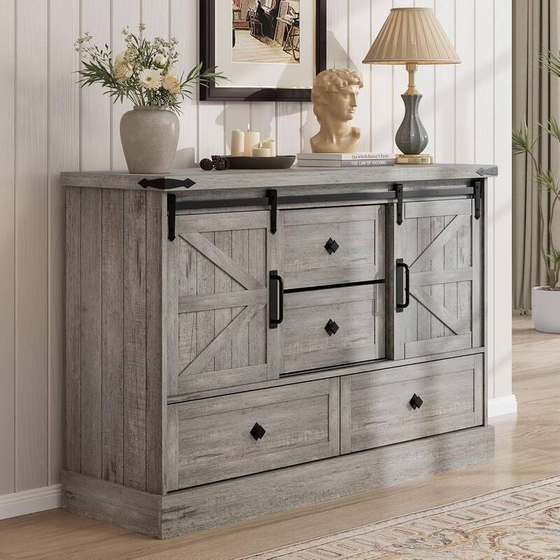 Farmhouse 4 Drawer Dresser for Bedroom 45" Wood Dressers with Sliding Barn Doors TV Stand - Grey