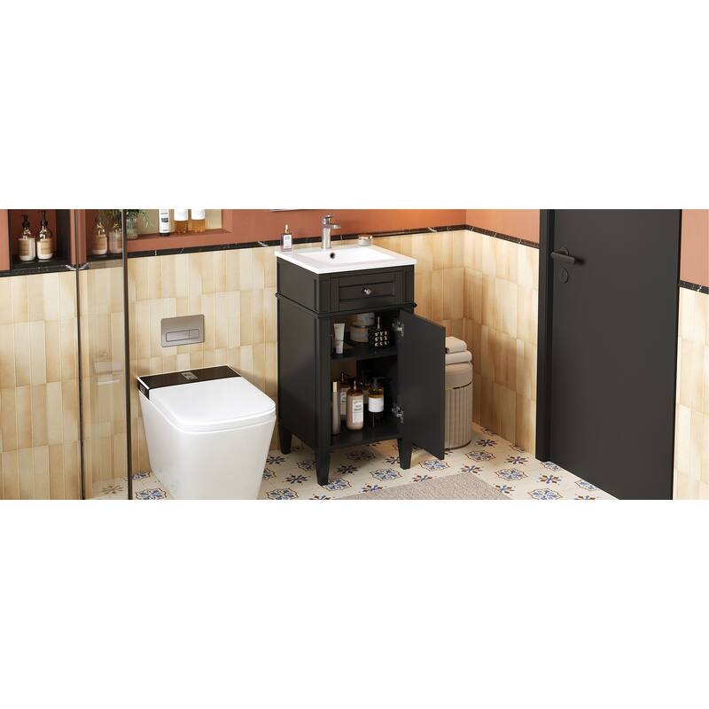 16" Bathroom Vanity with Ceramic Sink, Freestanding Single Vanity Set with Soft Closing Door, Adjustable Shelf, French Style