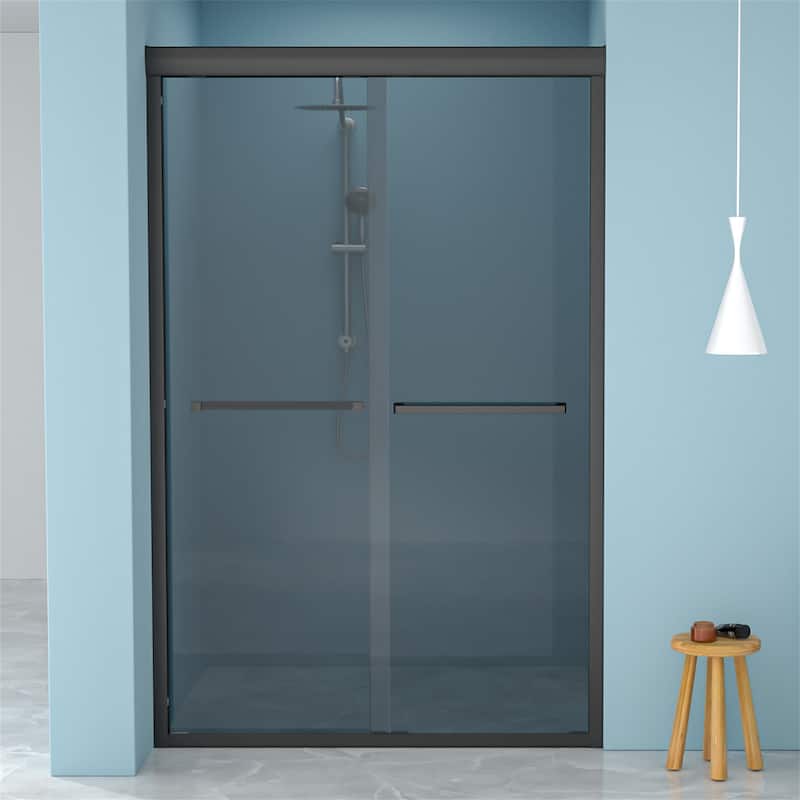 48"W x 76"H Double Sliding Glass Shower Door - 8mm Tempered Glass with 304 Stainless Steel Frame - Matte Black