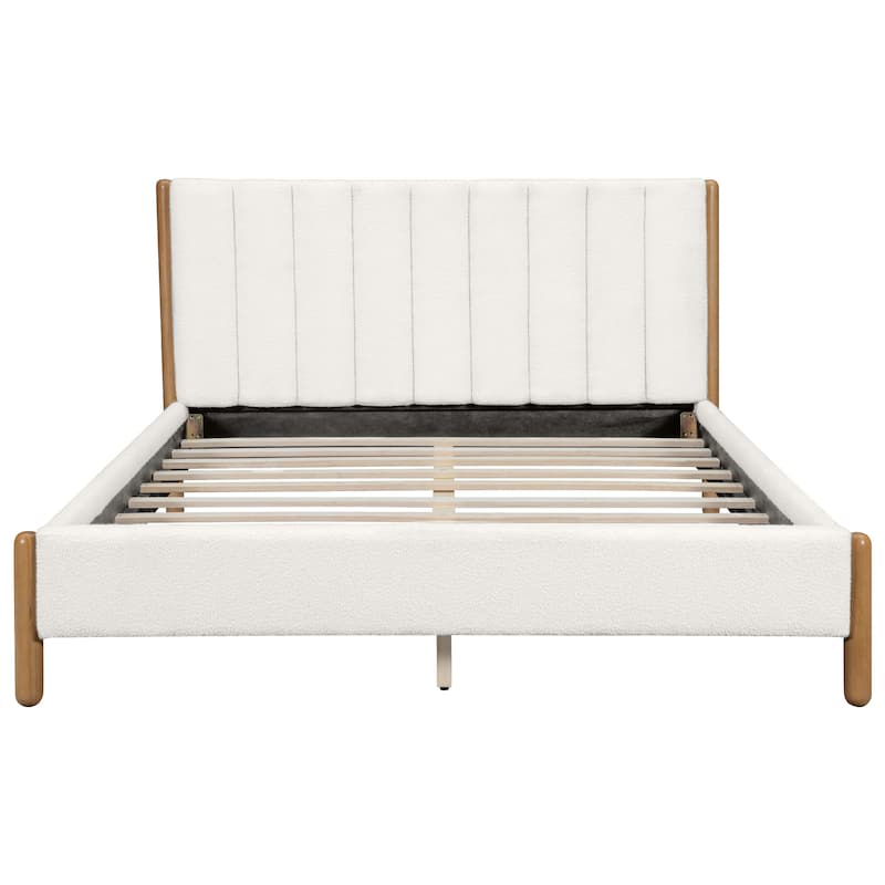 Roomfitters Queen Size Upholstered Platform Bed Frame with Boucle Fabric Headboard and Solid Wood Legs, White