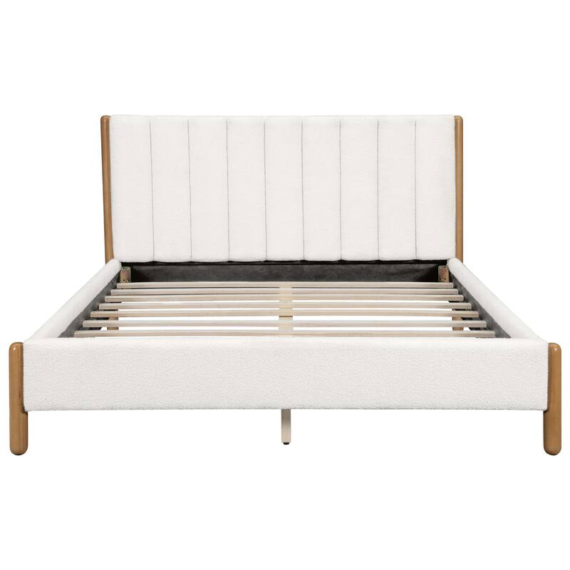 Versatile Upholstered Platform Bed with Solid Wood Legs, Queen/King Size Boucle Fabric Bed Frame with Vertical Stripes Headboard