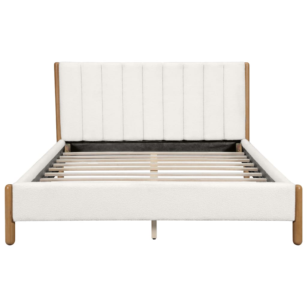 White Upholstered Fabric Bed Frame Platform Bed with Vertical Channel Tufted Headboard, Rubberwood Legs, No Box Spring Needed