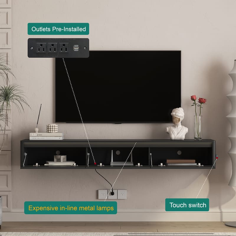 Wall Mounted TV Shelf with LED Lights & Power Outlet, High Gloss TV Cabinet for Wood TV Stands for Living Room