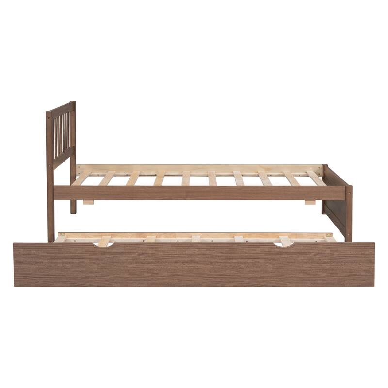 Modern Walnut Twin Platform Bed Frame with Trundle, Space-Saving Design