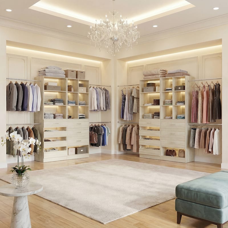 Set of 2 Closet System with 7 Wooden Drawers ＆ 4 Hanging Rods, Heavy Duty Walk-in Closet Organizer System with Shelves