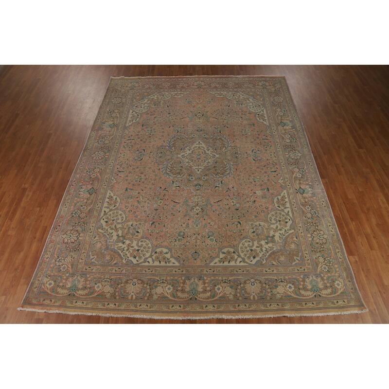 Distressed Floral Tabriz Persian Area Rug Handmade Wool Carpet - 9'10" x 12'9"